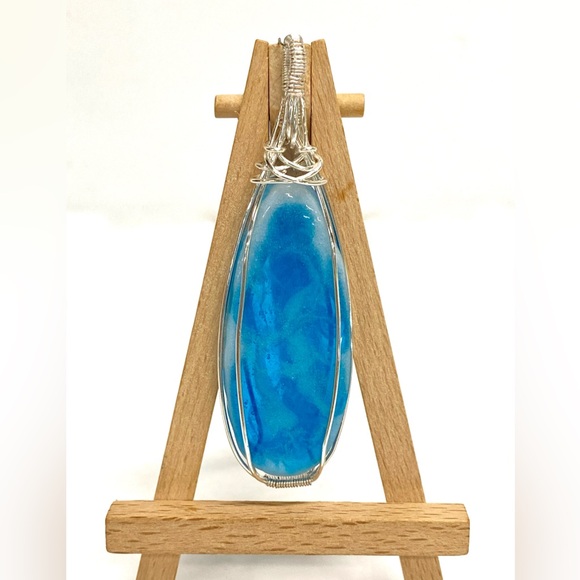 HANDMADE Resin Art “Faux Larimar” Wire Wrapped Statement Pendant - Picture 1 of 10